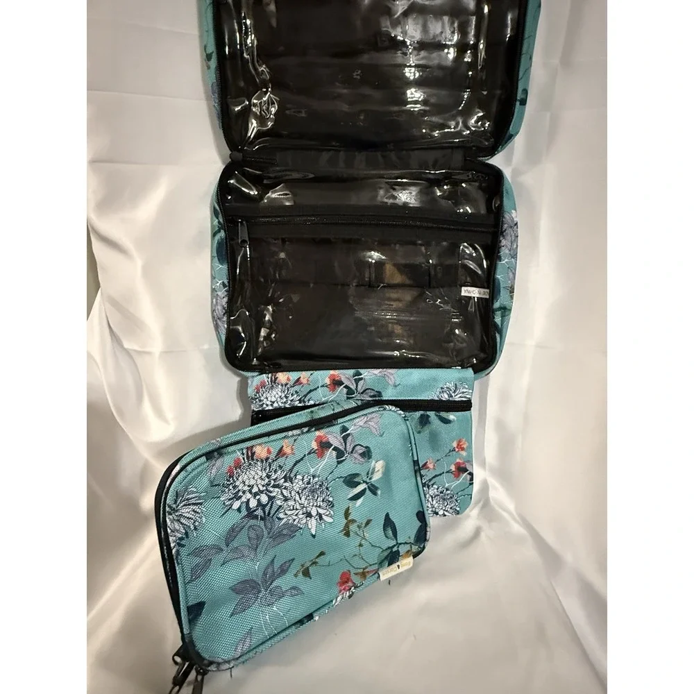 B&C Hanging Travel Organizer Bags Set Turquoise Flowers Multi-pockets